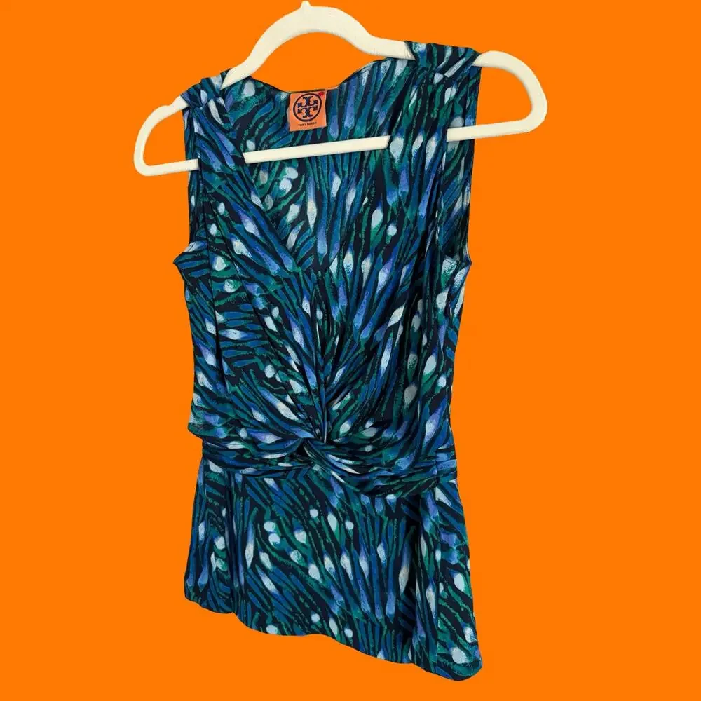 00's vintage blue abstract silk office siren y2k blouse Size 2 tory burch